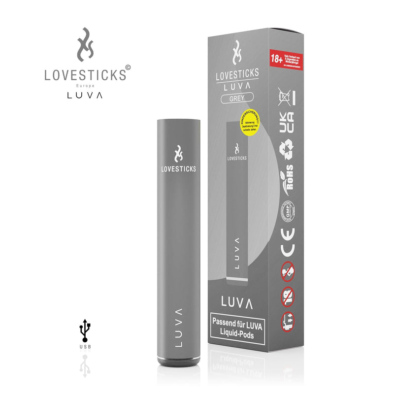 LUVA Akkuträger Grey, aufladbarer Akku mit 400 mAh für LUVA Pods, Gerät neben Verpackung