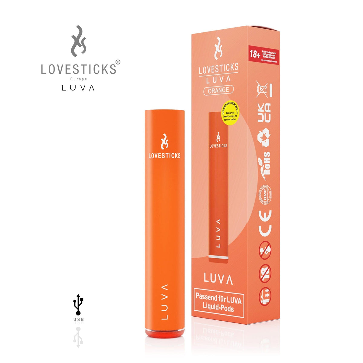 LUVA Akkuträger Orange, aufladbarer Akku mit 400 mAh für LUVA Pods, Gerät neben Verpackung