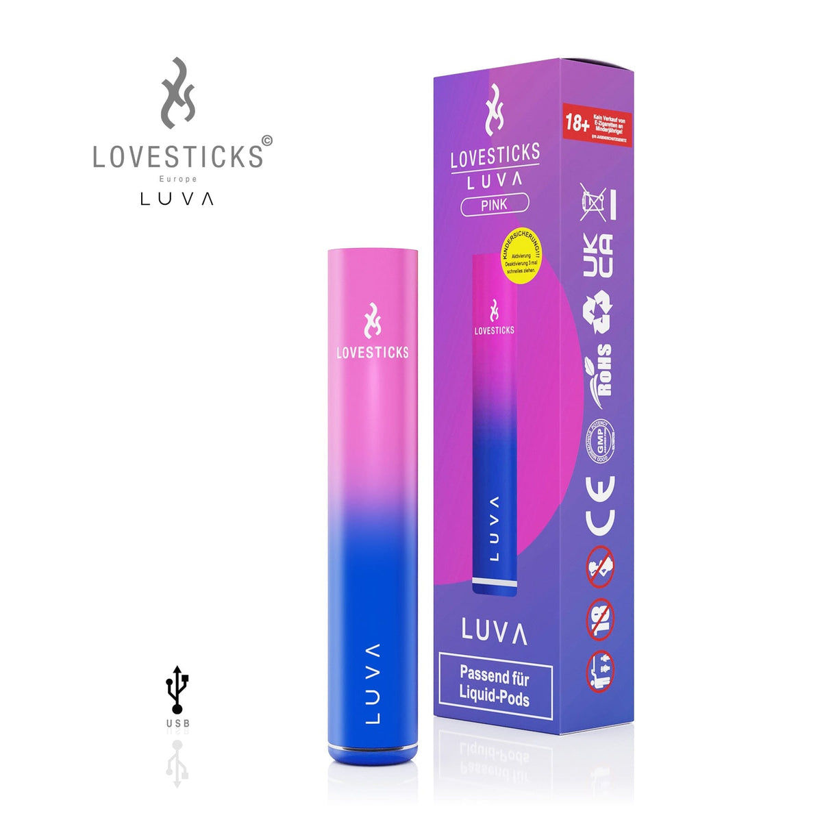LUVA Akkuträger Pink, aufladbarer Akku mit 400 mAh für LUVA Pods, Gerät neben Verpackung