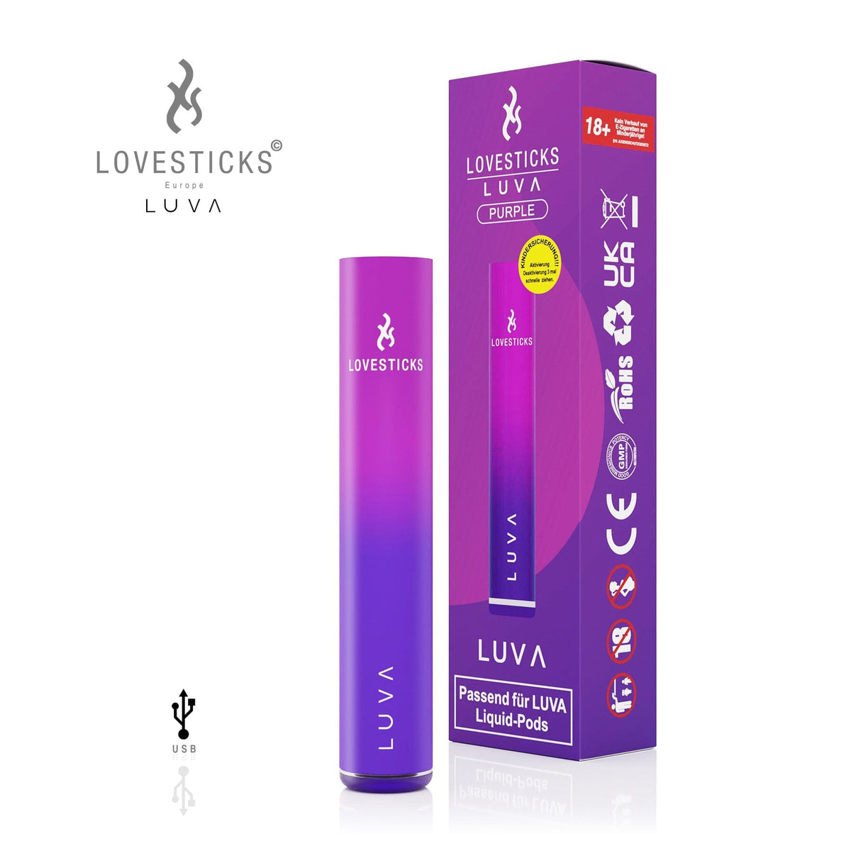 LUVA Akkuträger Purple, aufladbarer Akku mit 400 mAh für LUVA Pods, Gerät neben Verpackung