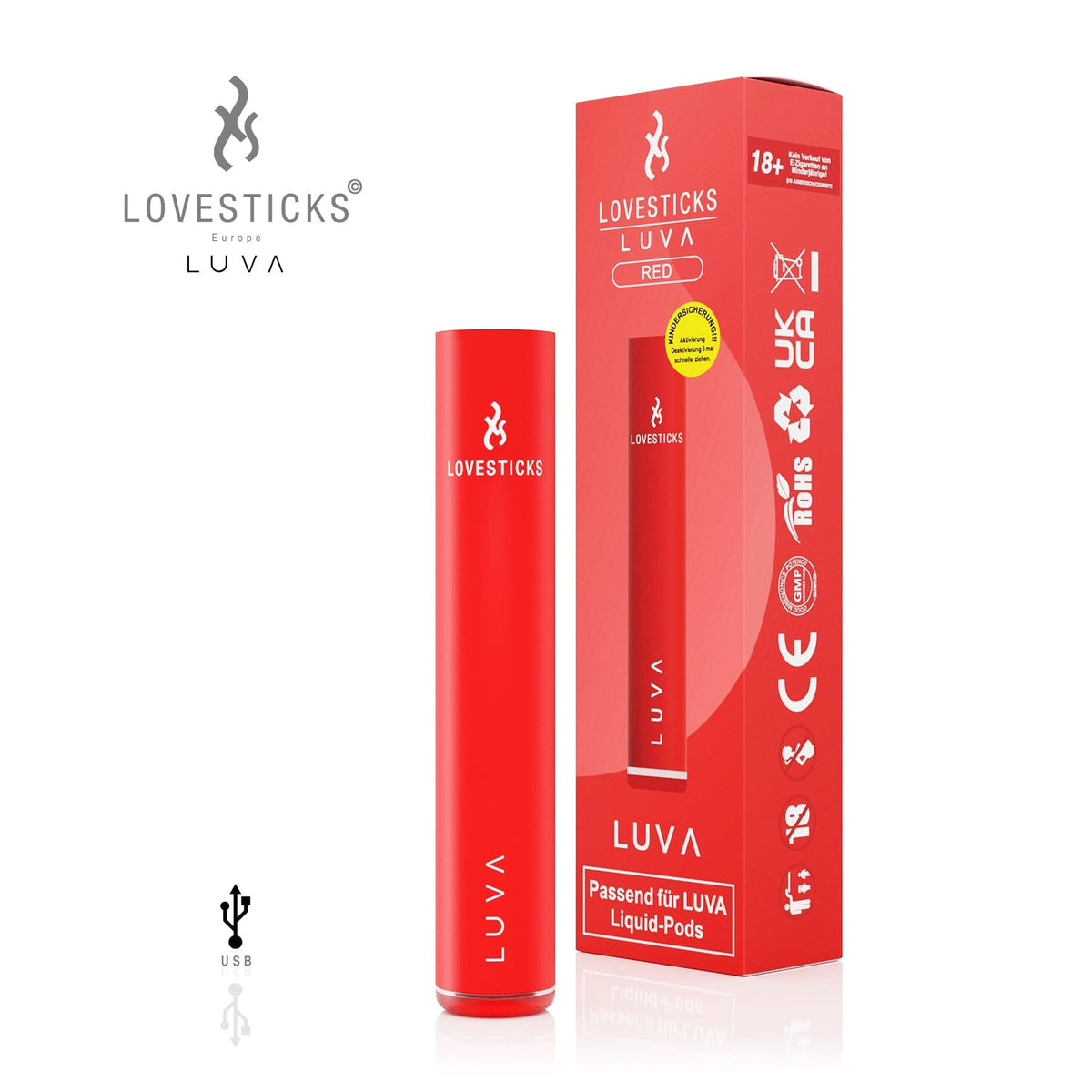 LUVA Akkuträger Red, aufladbarer Akku mit 400 mAh für LUVA Pods, Gerät neben Verpackung