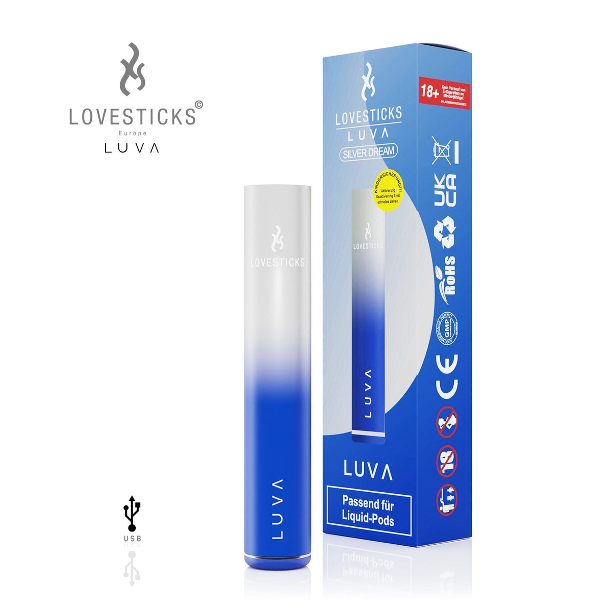 LUVA Akkuträger Silver Dream, aufladbarer Akku mit 400 mAh für LUVA Pods, Gerät neben Verpackung