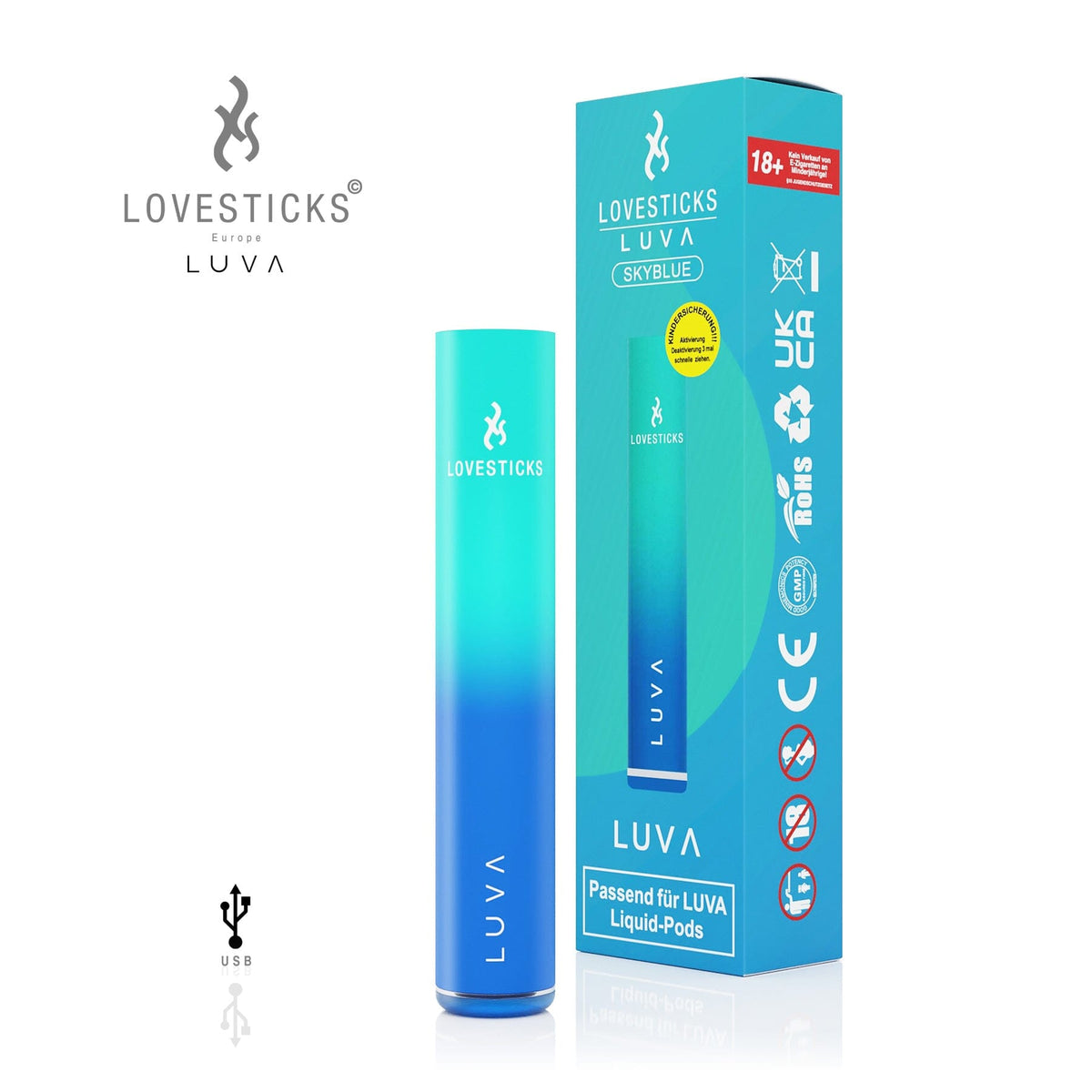 LUVA Akkuträger Skyblue, aufladbarer Akku mit 400 mAh für LUVA Pods, Gerät neben Verpackung