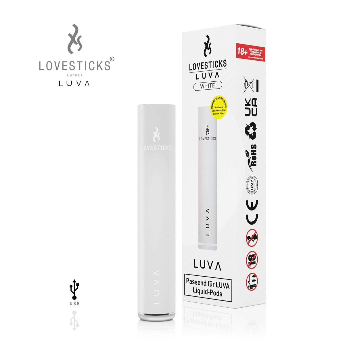LUVA Akkuträger White, aufladbarer Akku mit 400 mAh für LUVA Pods, Gerät neben Verpackung