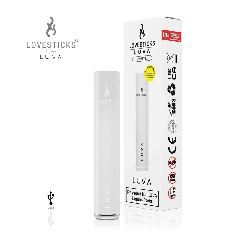 LUVA Akkuträger White, aufladbarer Akku mit 400 mAh für LUVA Pods, Gerät neben Verpackung