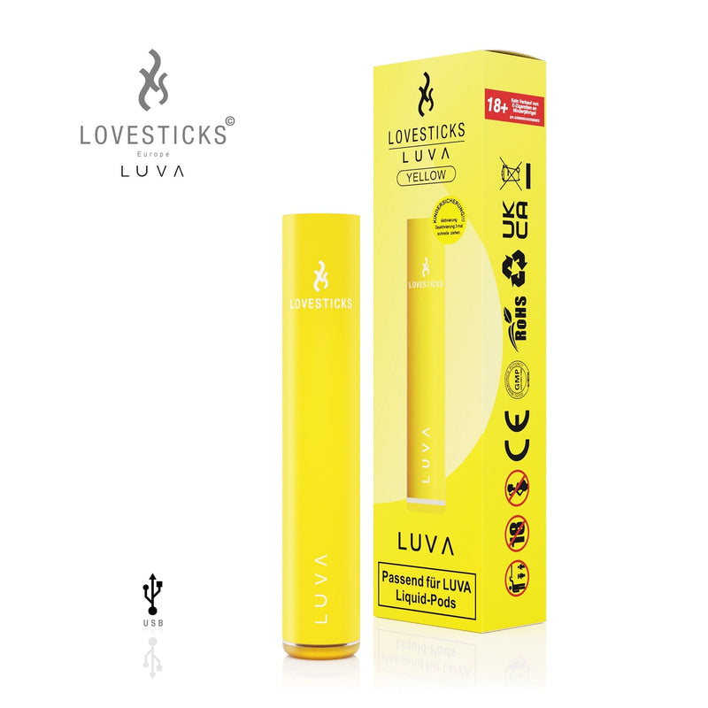 LUVA Akkuträger Yellow, aufladbarer Akku mit 400 mAh für LUVA Pods, Gerät neben Verpackung