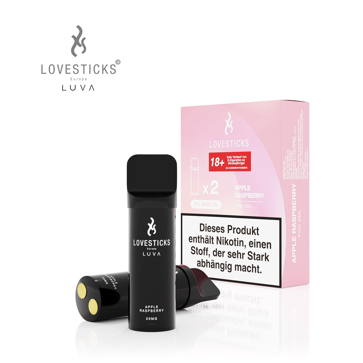 LUVA Pod Apple Raspberry, 2 vorbefüllte Pods à 2 ml mit 20 mg/ml Nikotinsalz, Pods neben Verpackung