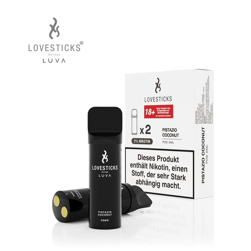 LUVA Pod Pistazio Coconut, 2 vorbefüllte Pods à 2 ml mit 20 mg/ml Nikotinsalz, Pods neben Verpackung