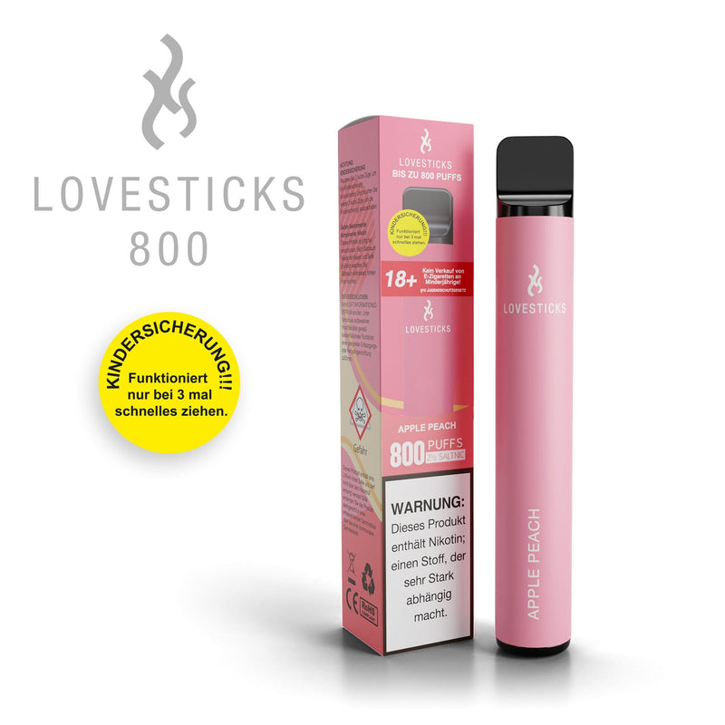 LOVESTICKS 800 Apple Peach, Einweg-Vape mit 20 mg/ml Nikotinsalz und 2 ml Liquid, Gerät neben Verpackung