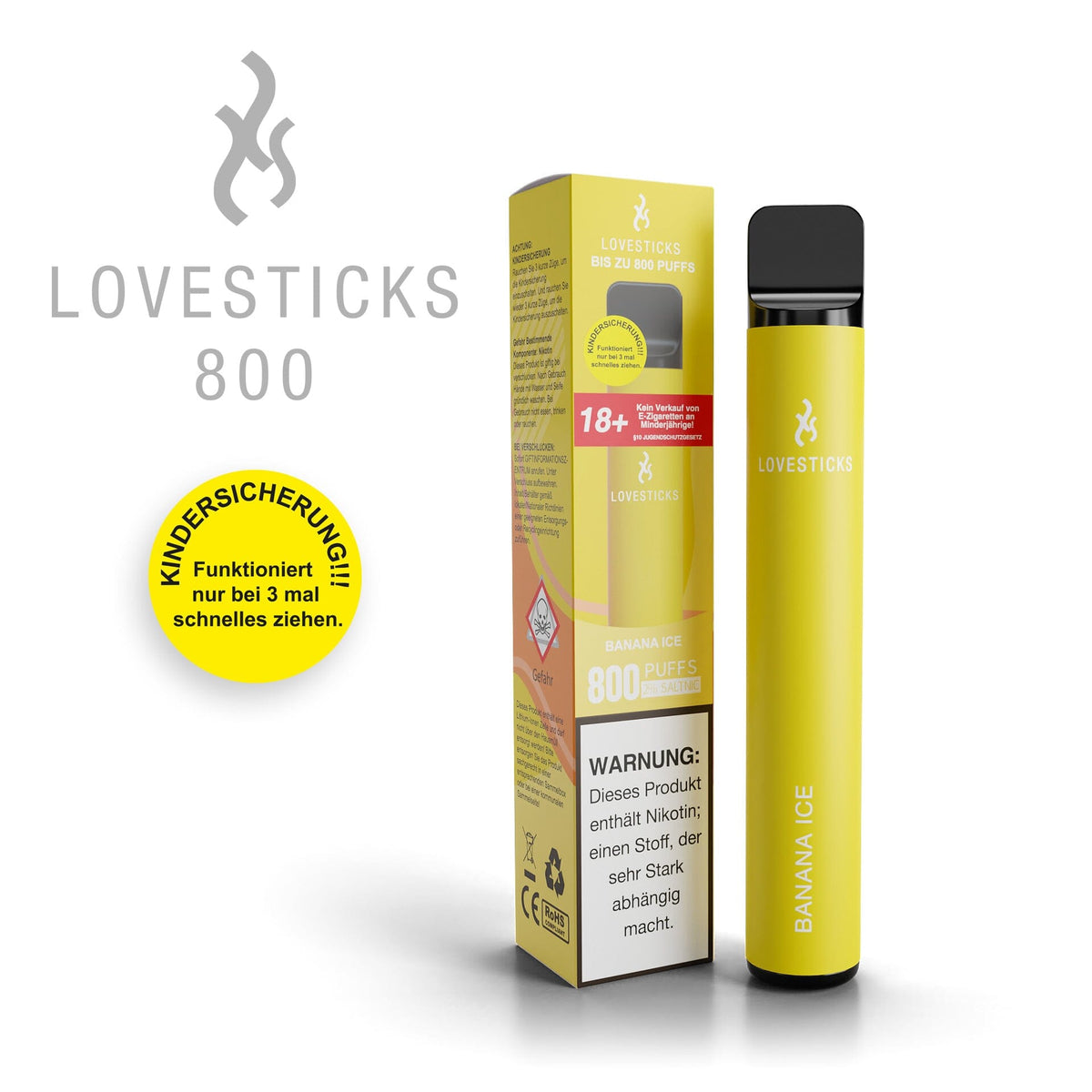 LOVESTICKS 800 Banana Ice, Einweg-Vape mit 20 mg/ml Nikotinsalz und 2 ml Liquid, Gerät neben Verpackung