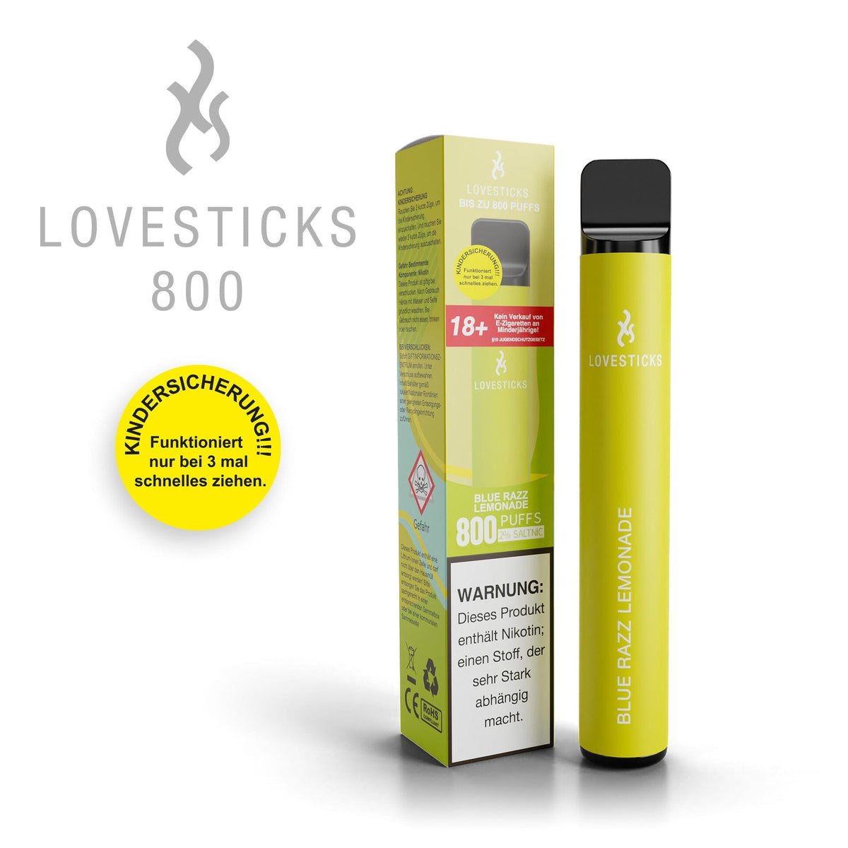 LOVESTICKS 800 Blue Razz Lemonade, Einweg-Vape mit 20 mg/ml Nikotinsalz und 2 ml Liquid, Gerät neben Verpackung