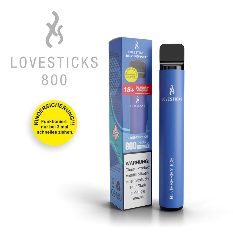 LOVESTICKS 800 Blueberry Ice, Einweg-Vape mit 20 mg/ml Nikotinsalz und 2 ml Liquid, Gerät neben Verpackung