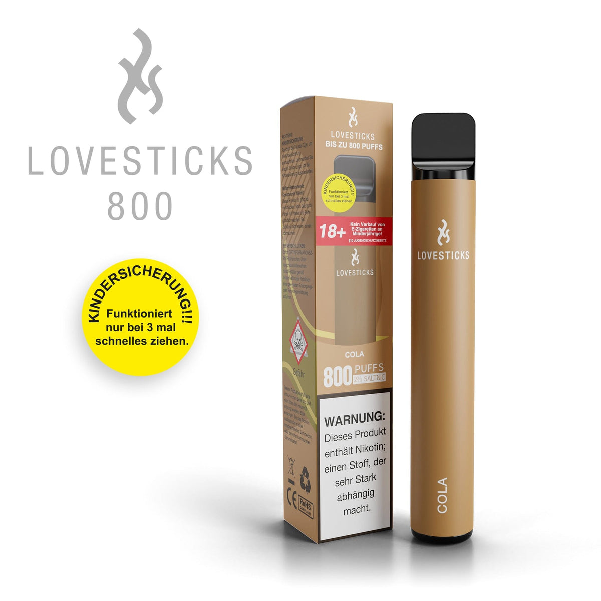 LOVESTICKS 800 Cola, Einweg-Vape mit 20 mg/ml Nikotinsalz und 2 ml Liquid, Gerät neben Verpackung