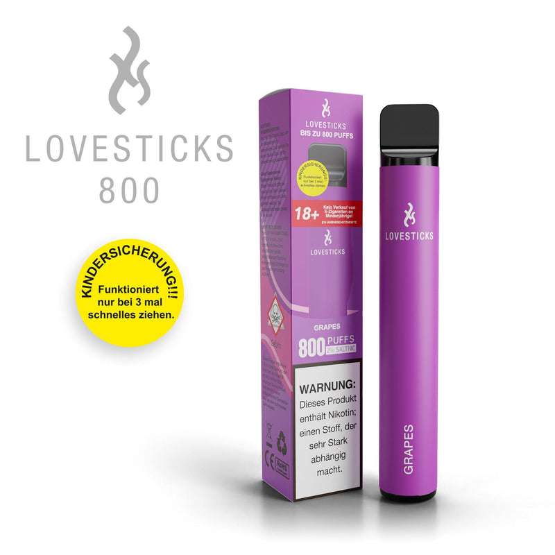 LOVESTICKS 800 AV Grapes, Einweg-Vape mit 20 mg/ml Nikotinsalz und 2 ml Liquid, Gerät neben Verpackung