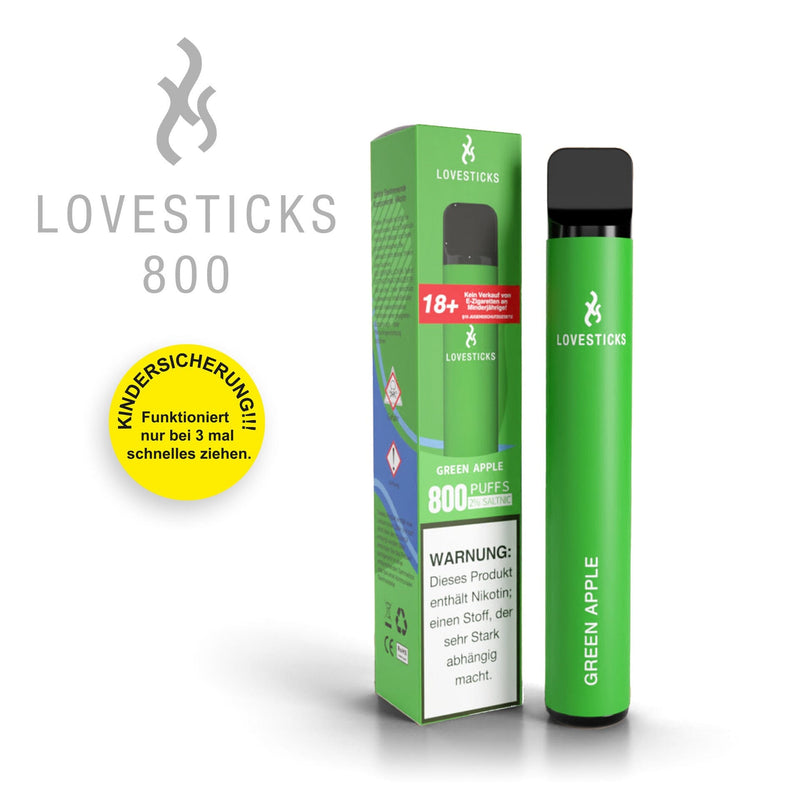 LOVESTICKS 800 Green Apple, Einweg-Vape mit 20 mg/ml Nikotinsalz und 2 ml Liquid, Gerät neben Verpackung