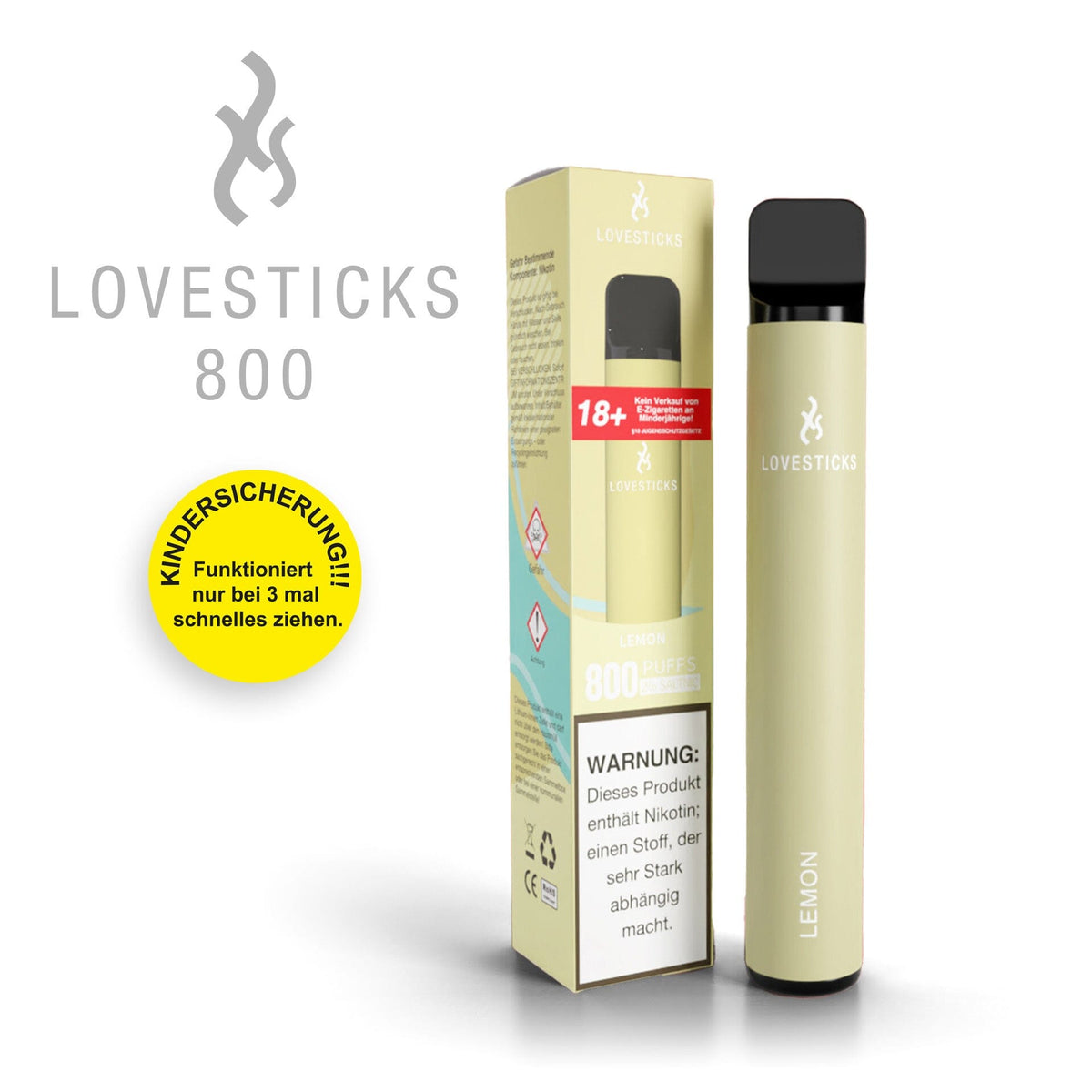 LOVESTICKS 800 Lemon, Einweg-Vape mit 20 mg/ml Nikotinsalz und 2 ml Liquid, Gerät neben Verpackung