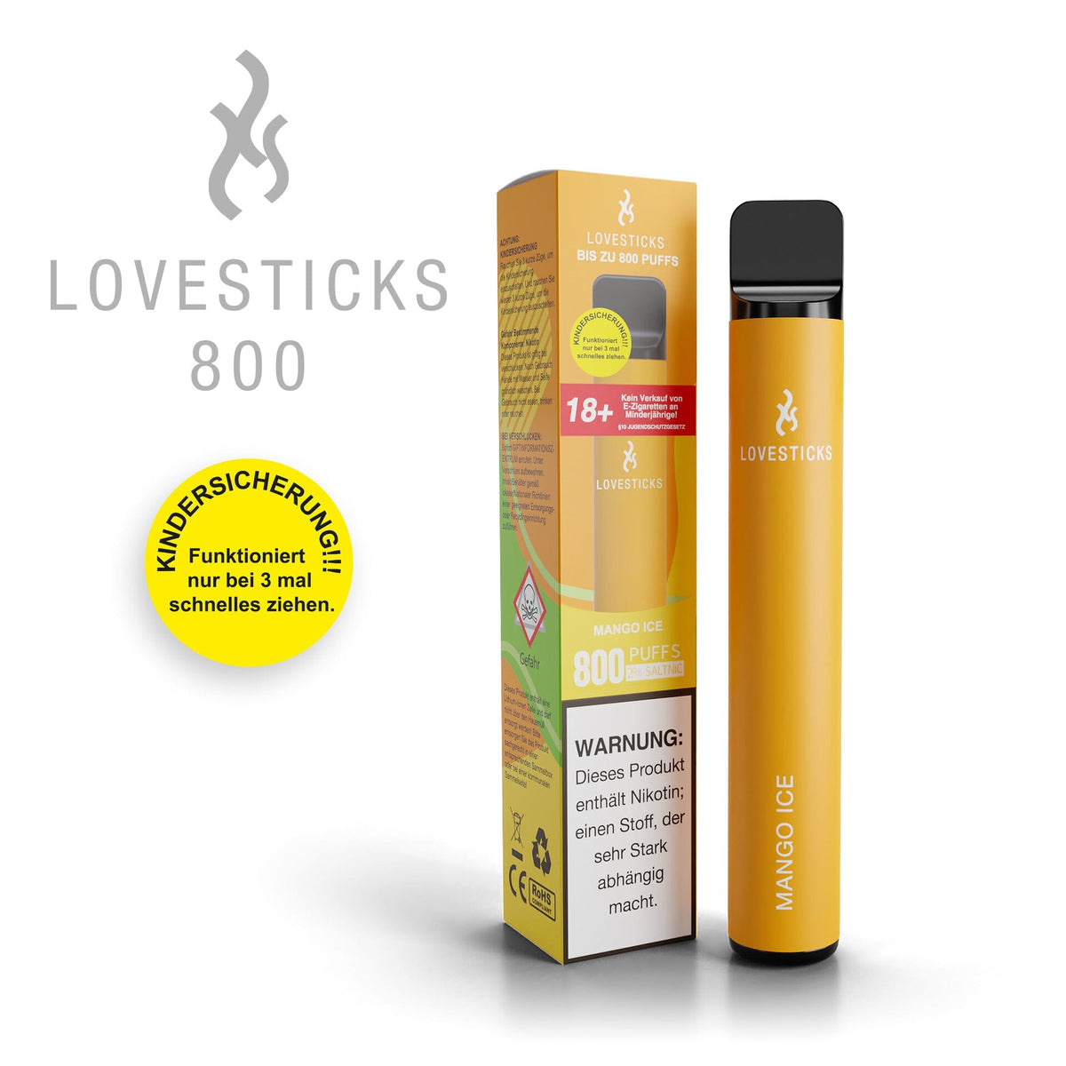 LOVESTICKS 800 Mango Ice, Einweg-Vape mit 20 mg/ml Nikotinsalz und 2 ml Liquid, Gerät neben Verpackung