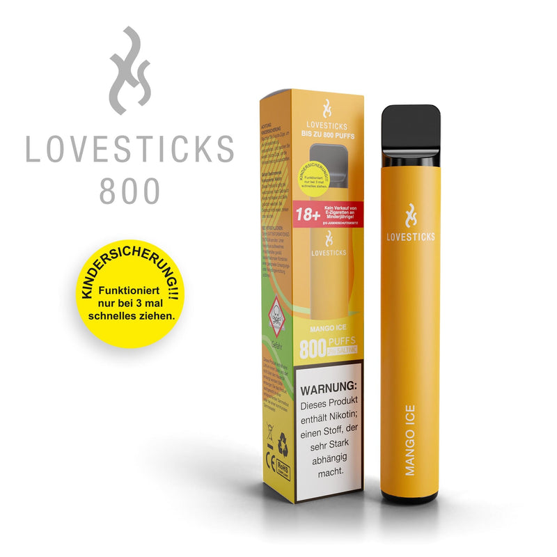 LOVESTICKS 800 Mango Ice, Einweg-Vape mit 20 mg/ml Nikotinsalz und 2 ml Liquid, Gerät neben Verpackung