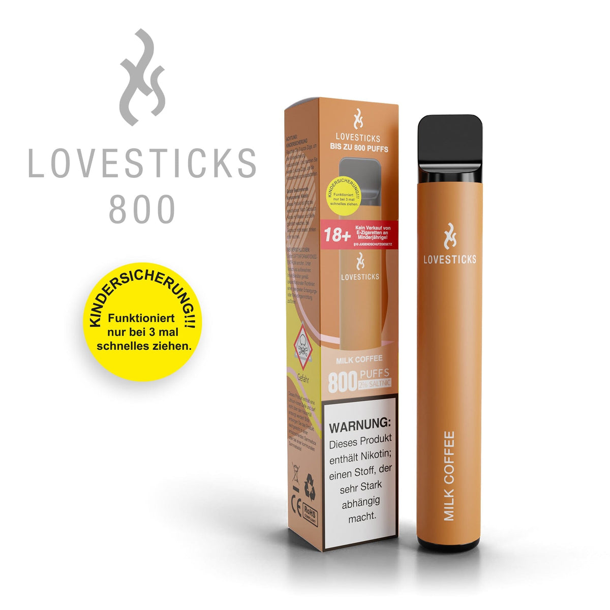 LOVESTICKS 800 Milk Coffee, Einweg-Vape mit 20 mg/ml Nikotinsalz und 2 ml Liquid, Gerät neben Verpackung