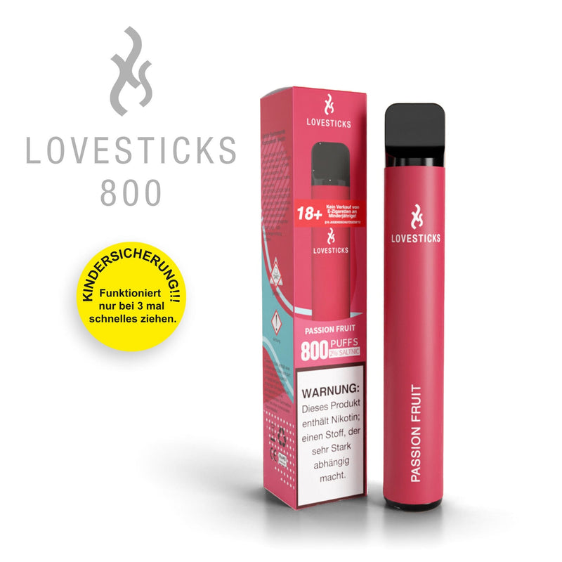 LOVESTICKS 800 Passion Fruit, Einweg-Vape mit 20 mg/ml Nikotinsalz und 2 ml Liquid, Gerät neben Verpackung