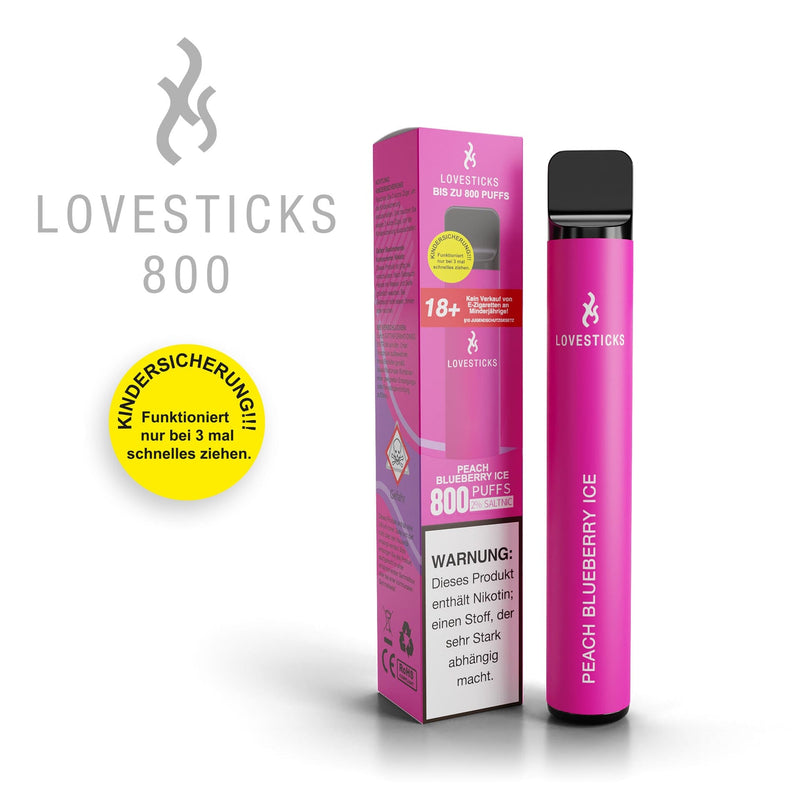 LOVESTICKS 800 Peach Blueberry Ice, Einweg-Vape mit 20 mg/ml Nikotinsalz und 2 ml Liquid, Gerät neben Verpackung