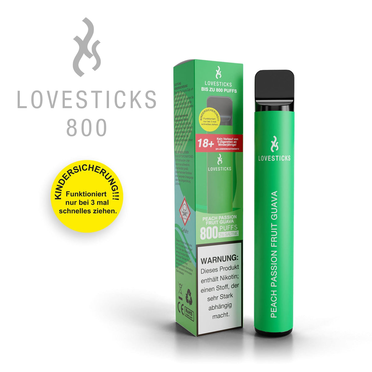 LOVESTICKS 800 Peach Passion Fruit Guava, Einweg-Vape mit 20 mg/ml Nikotinsalz und 2 ml Liquid, Gerät neben Verpackung