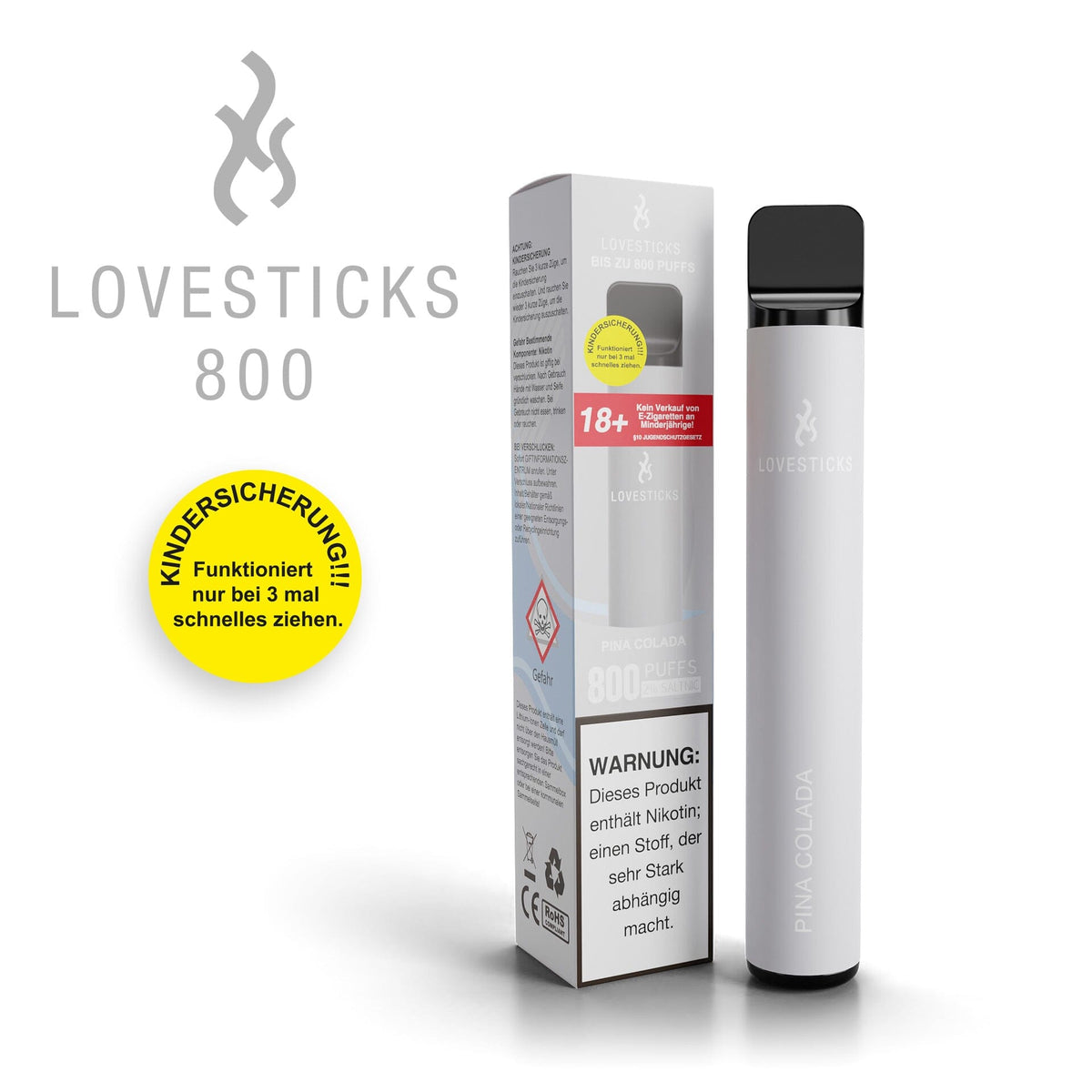 LOVESTICKS 800 Pina Colada, Einweg-Vape mit 20 mg/ml Nikotinsalz und 2 ml Liquid, Gerät neben Verpackung