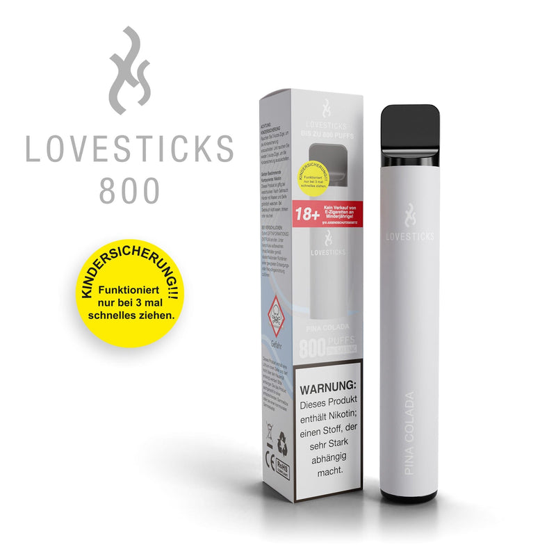 LOVESTICKS 800 Pina Colada, Einweg-Vape mit 20 mg/ml Nikotinsalz und 2 ml Liquid, Gerät neben Verpackung