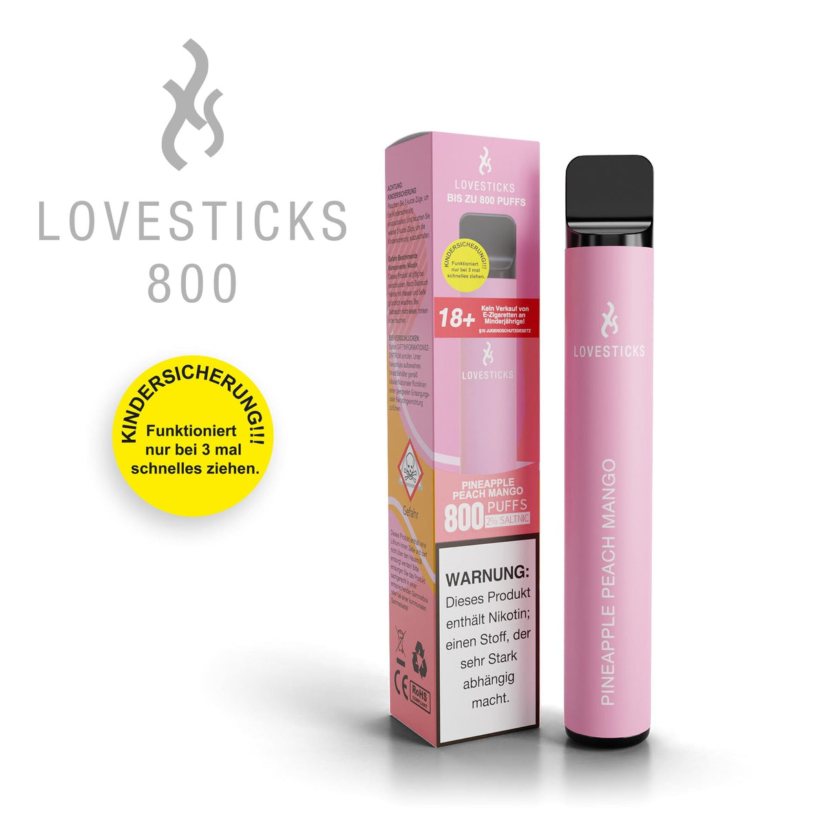 LOVESTICKS 800 Pineapple Peach Mango, Einweg-Vape mit 20 mg/ml Nikotinsalz und 2 ml Liquid, Gerät neben Verpackung