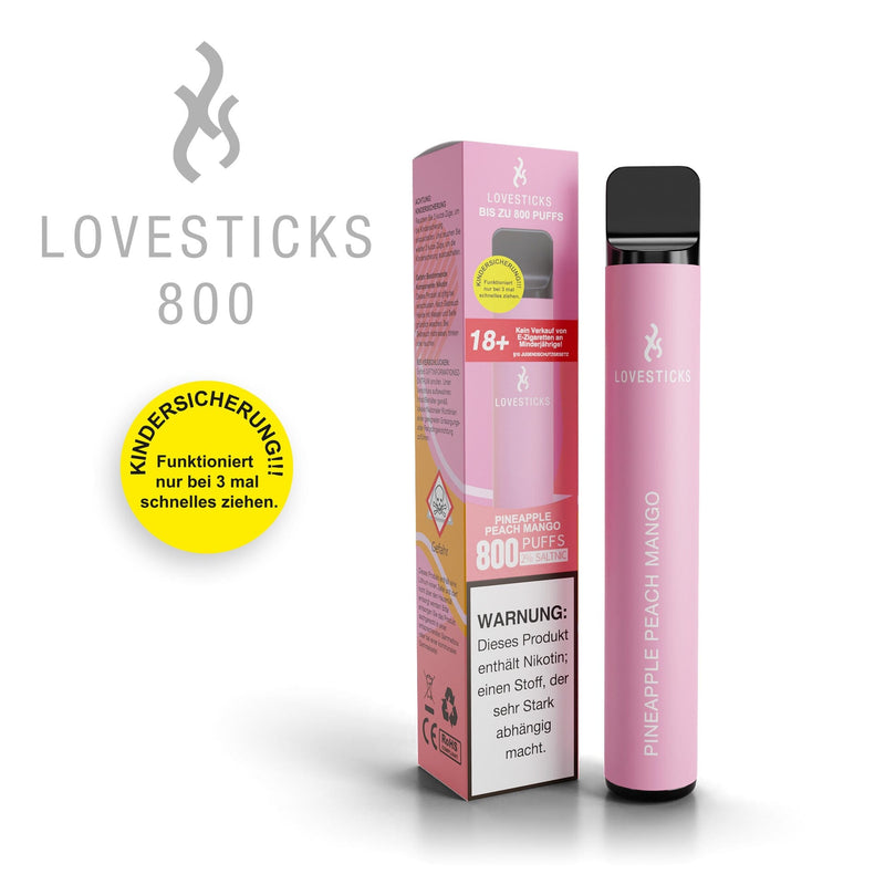 LOVESTICKS 800 Pineapple Peach Mango, Einweg-Vape mit 20 mg/ml Nikotinsalz und 2 ml Liquid, Gerät neben Verpackung