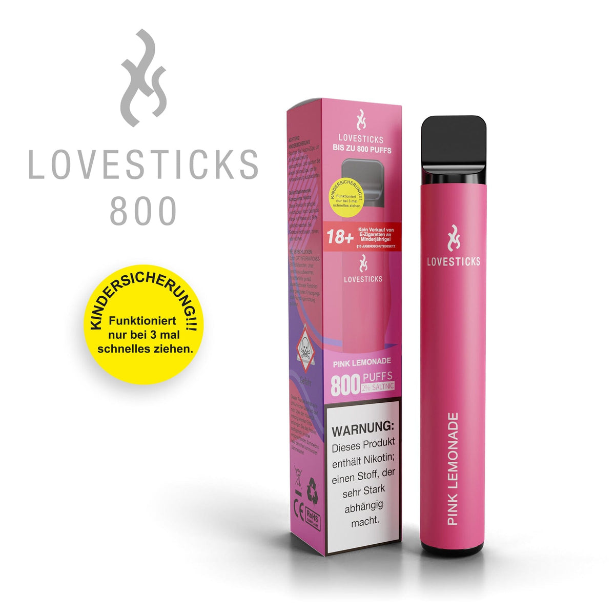 LOVESTICKS 800 Pink Lemonade, Einweg-Vape mit 20 mg/ml Nikotinsalz und 2 ml Liquid, Gerät neben Verpackung