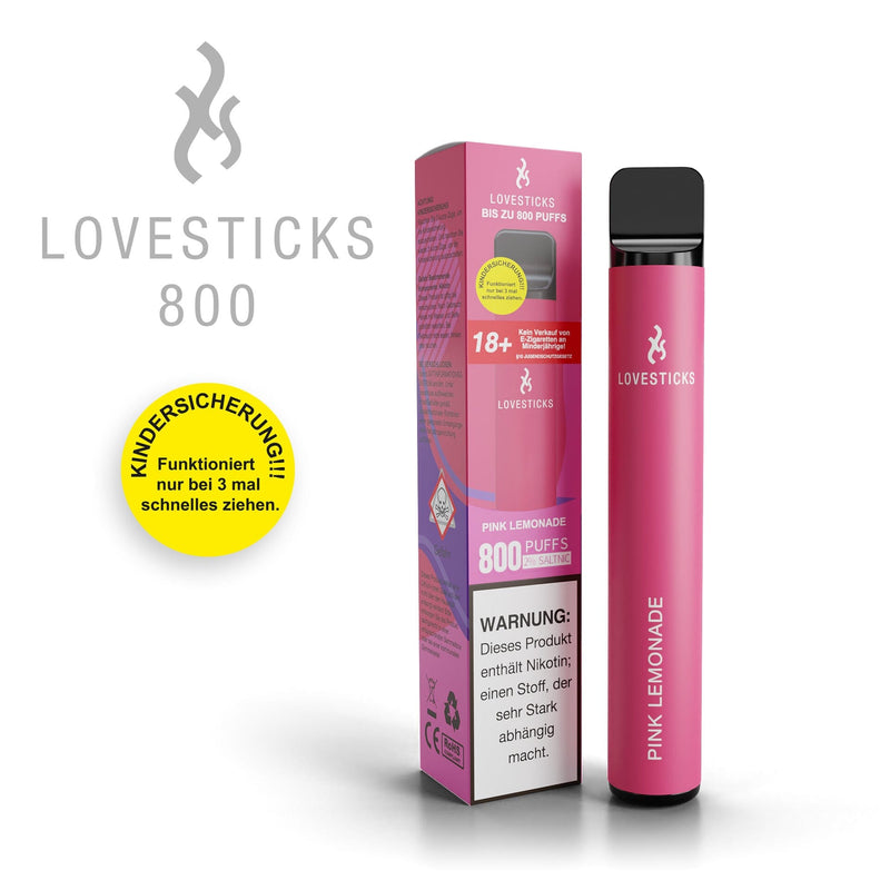 LOVESTICKS 800 Pink Lemonade, Einweg-Vape mit 20 mg/ml Nikotinsalz und 2 ml Liquid, Gerät neben Verpackung