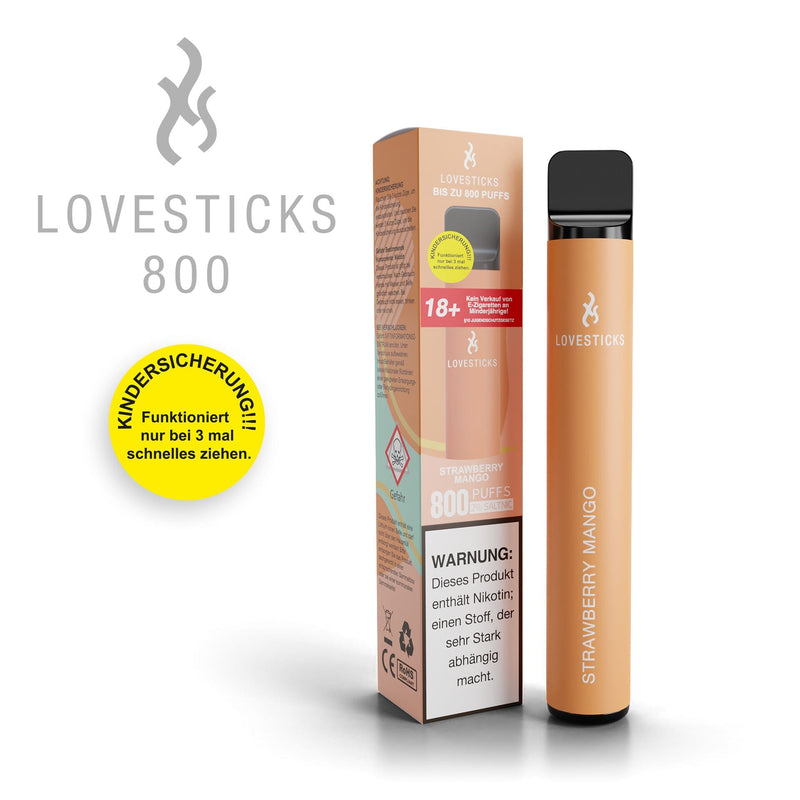 LOVESTICKS 800 Strawberry Mango, Einweg-Vape mit 20 mg/ml Nikotinsalz und 2 ml Liquid, Gerät neben Verpackung