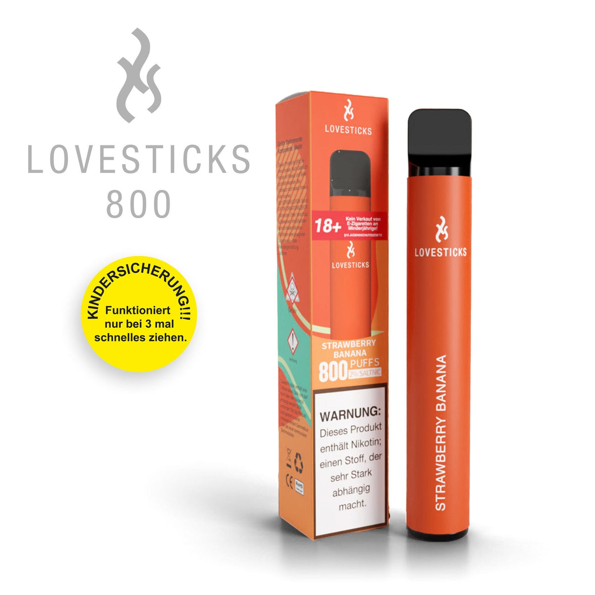 LOVESTICKS 800 Strawberry Banana, Einweg-Vape mit 20 mg/ml Nikotinsalz und 2 ml Liquid, Gerät neben Verpackung