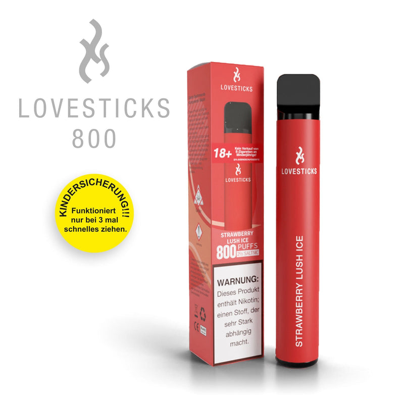LOVESTICKS 800 Strawberry Lush Ice, Einweg-Vape mit 20 mg/ml Nikotinsalz und 2 ml Liquid, Gerät neben Verpackung