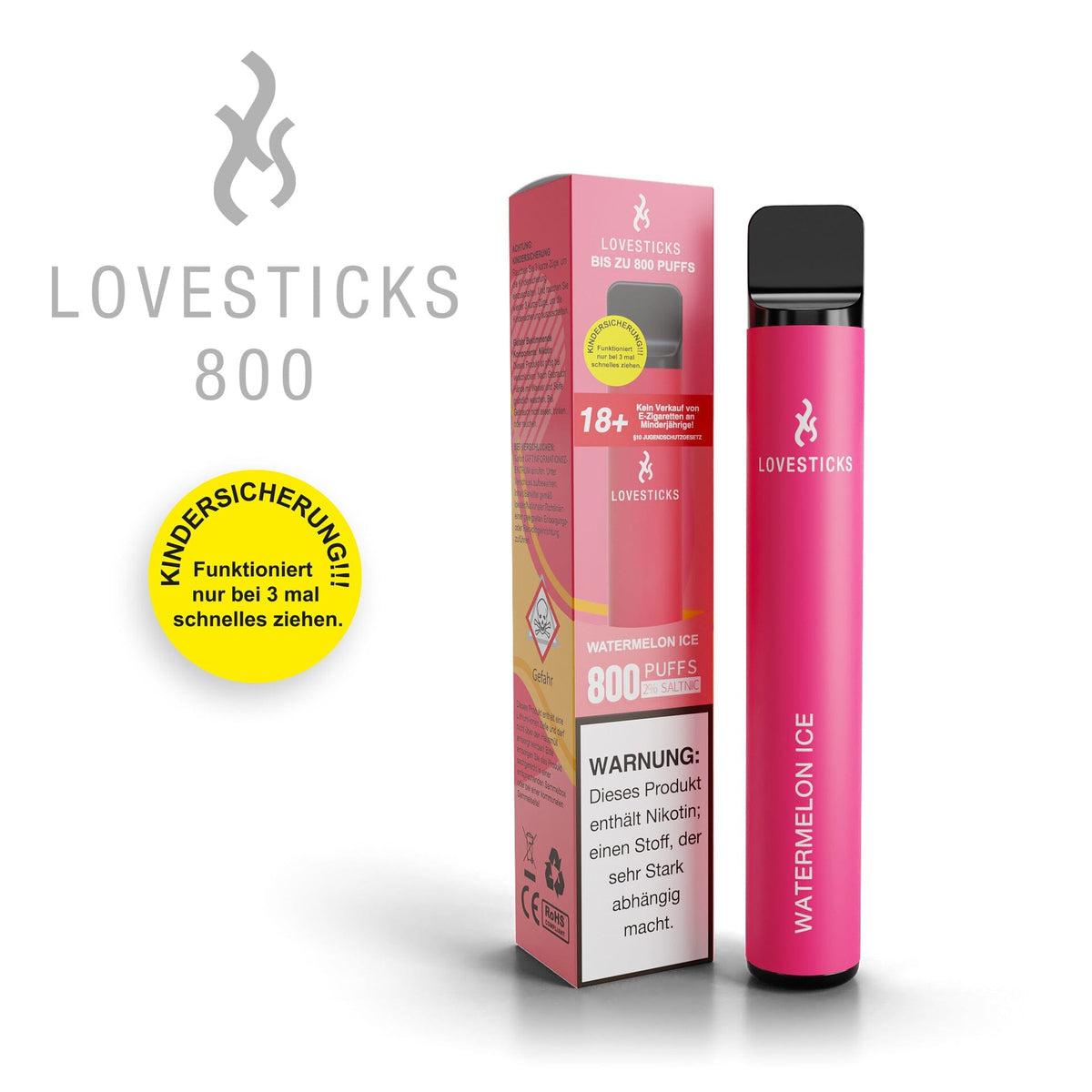 LOVESTICKS 800 Watermelon Ice, Einweg-Vape mit 20 mg/ml Nikotinsalz und 2 ml Liquid, Gerät neben Verpackung