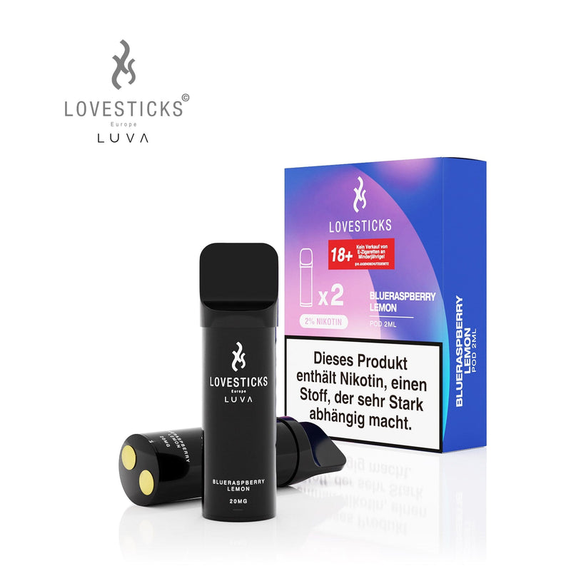 LUVA Pod Blueraspberry Lemon, 2 vorbefüllte Pods à 2 ml mit 20 mg/ml Nikotinsalz, Pods neben Verpackung