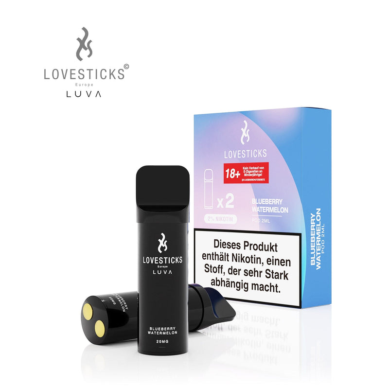LUVA Pod Blueberry Watermelon, 2 vorbefüllte Pods à 2 ml mit 20 mg/ml Nikotinsalz, Pods neben Verpackung