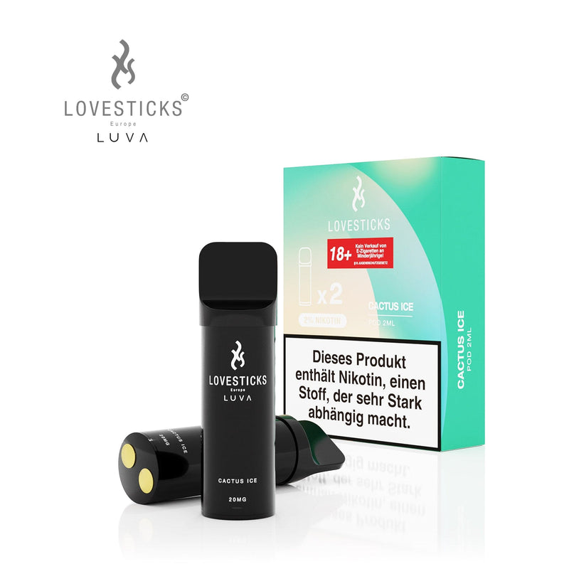 LUVA Pod Cactus Ice, 2 vorbefüllte Pods à 2 ml mit 20 mg/ml Nikotinsalz, Pods neben Verpackung