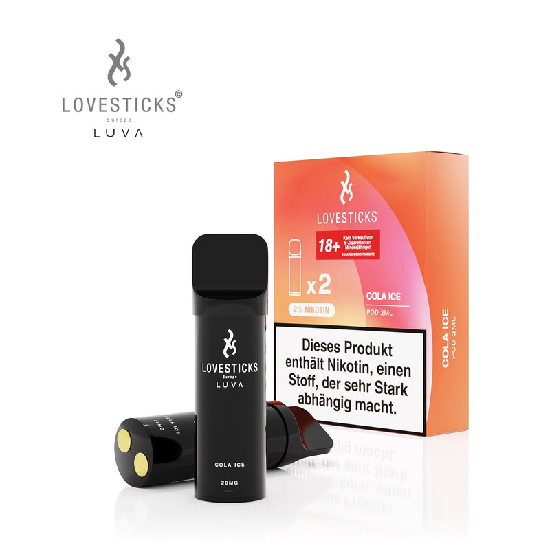 LUVA Pod Cola Ice, 2 vorbefüllte Pods à 2 ml mit 20 mg/ml Nikotinsalz, Pods neben Verpackung