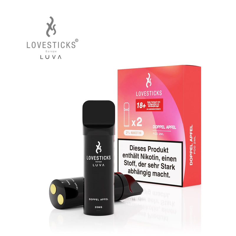 LUVA Pod Doppel Apfel, 2 vorbefüllte Pods à 2 ml mit 20 mg/ml Nikotinsalz, Pods neben Verpackung