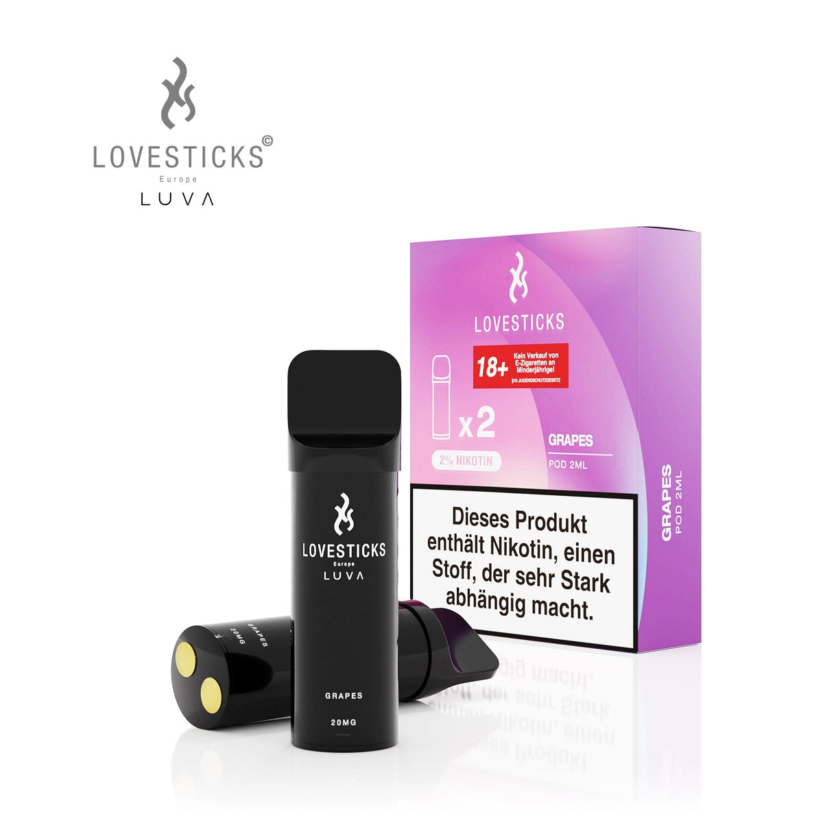 LUVA Pod Grapes, 2 vorbefüllte Pods à 2 ml mit 20 mg/ml Nikotinsalz, Pods neben Verpackung