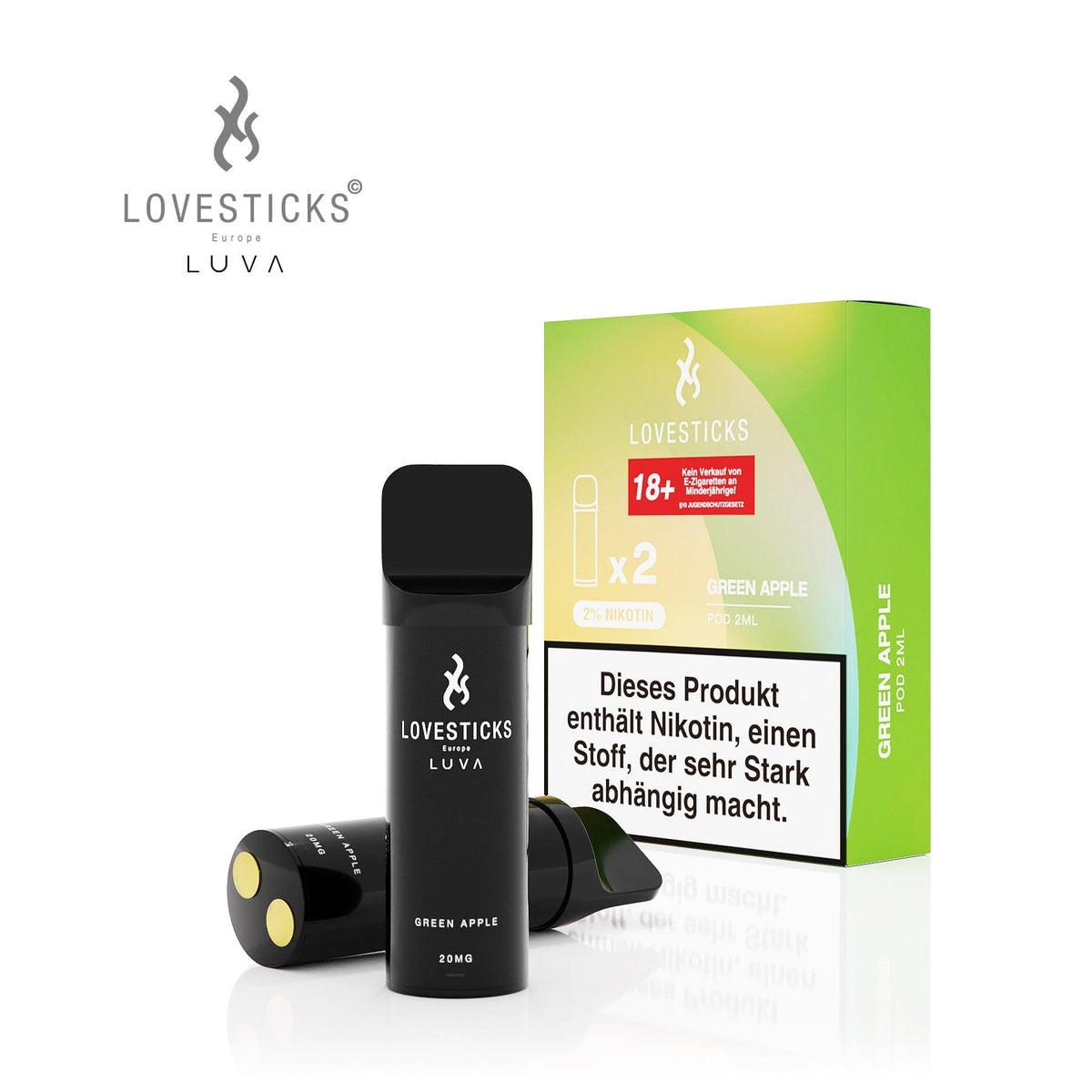 LUVA Pod Green Apple, 2 vorbefüllte Pods à 2 ml mit 20 mg/ml Nikotinsalz, Pods neben Verpackung