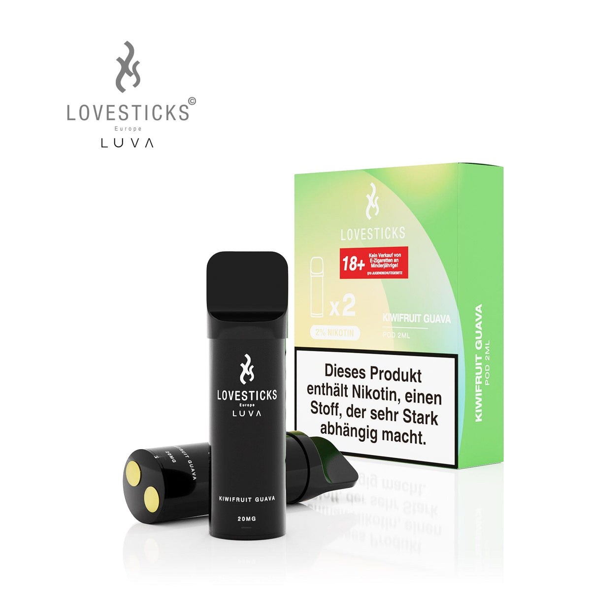 LUVA Pod Kiwifruit Guava, 2 vorbefüllte Pods à 2 ml mit 20 mg/ml Nikotinsalz, Pods neben Verpackung