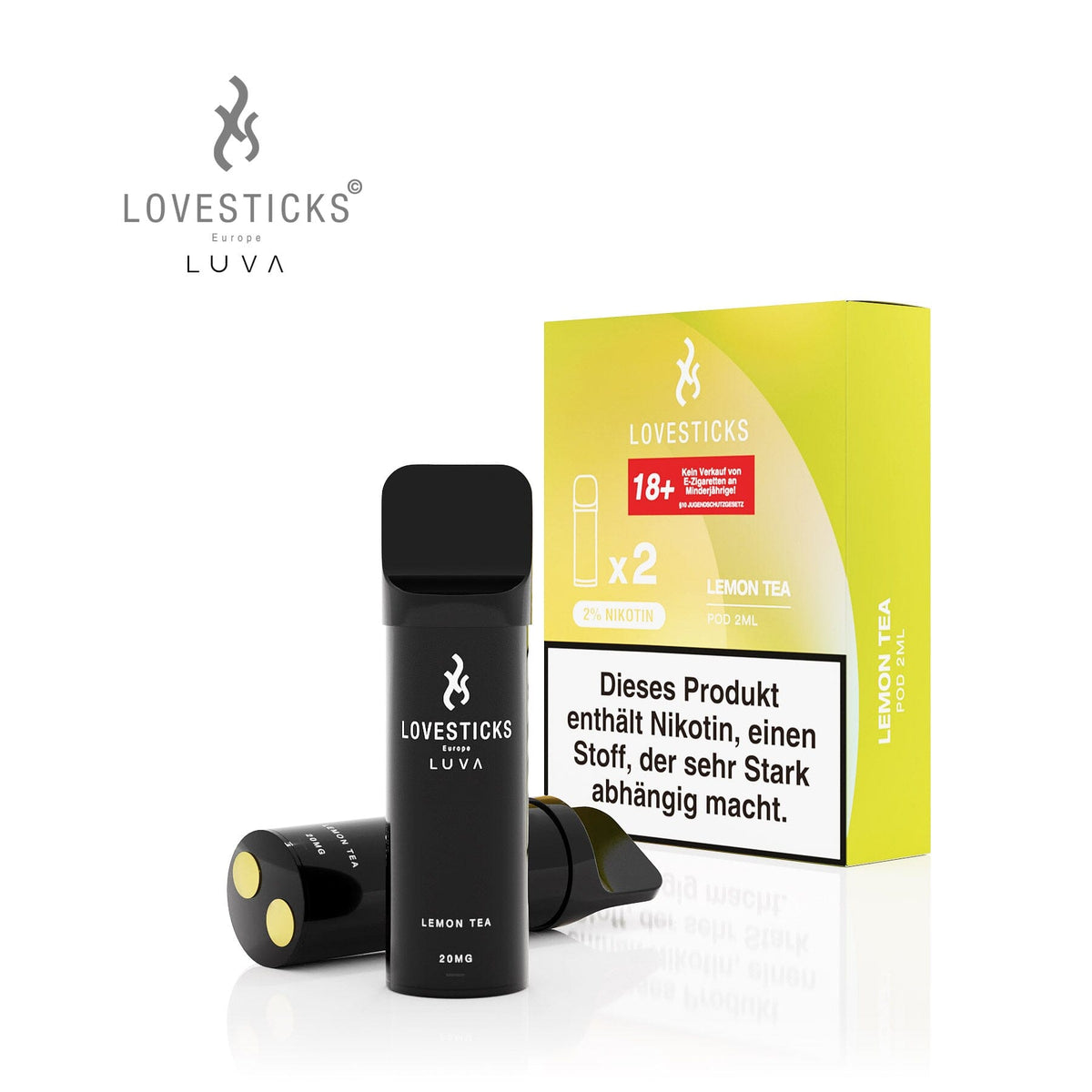 LUVA Pod Lemon Tea, 2 vorbefüllte Pods à 2 ml mit 20 mg/ml Nikotinsalz, Pods neben Verpackung