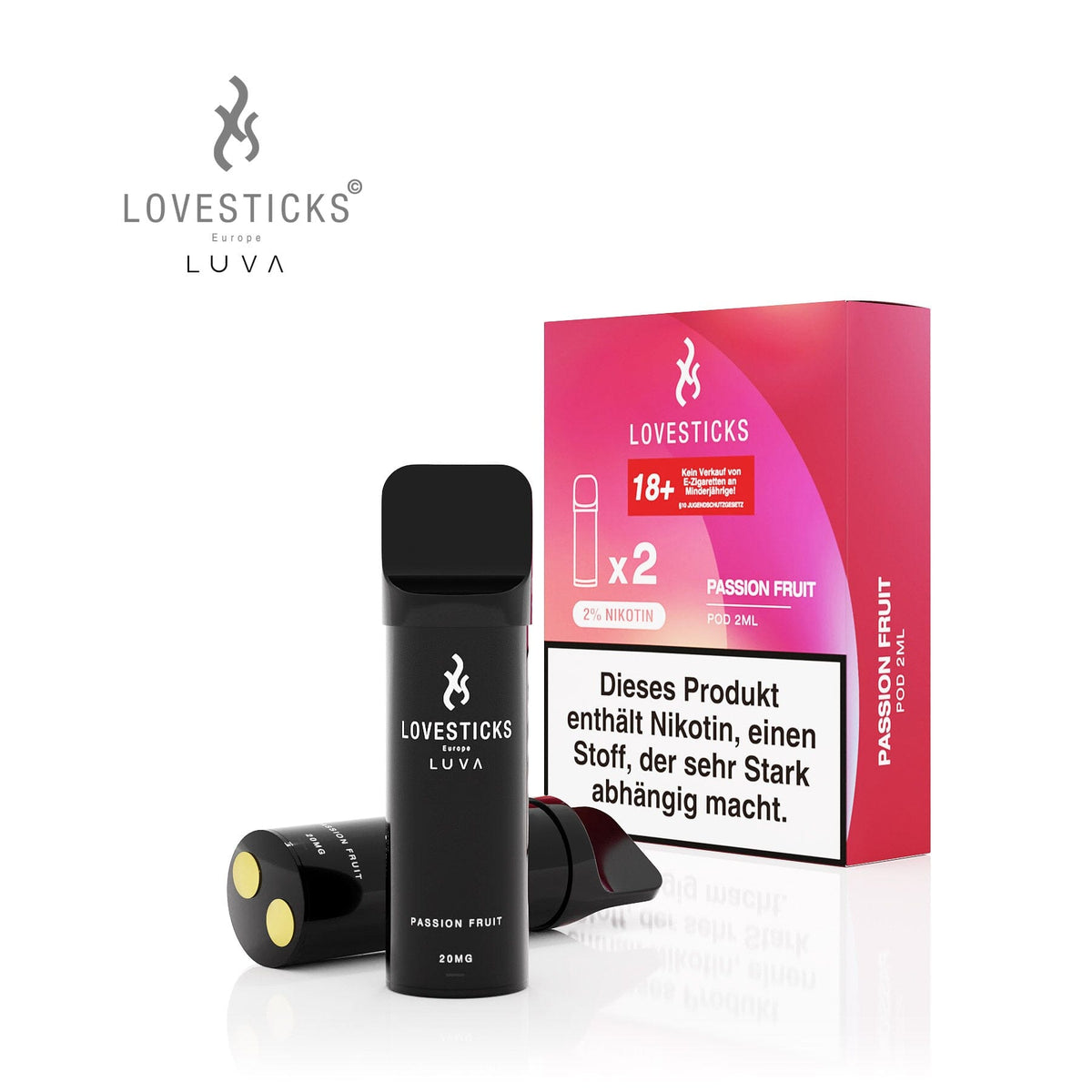 LUVA Pod Passion Fruit, 2 vorbefüllte Pods à 2 ml mit 20 mg/ml Nikotinsalz, Pods neben Verpackung