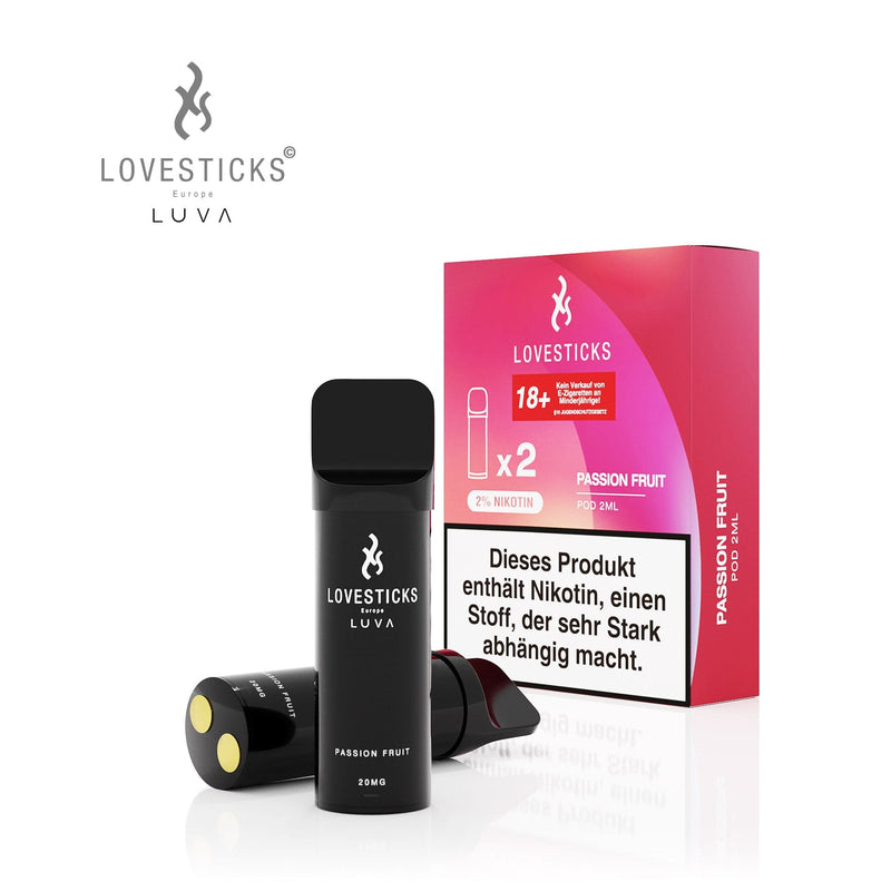 LUVA Pod Passion Fruit, 2 vorbefüllte Pods à 2 ml mit 20 mg/ml Nikotinsalz, Pods neben Verpackung