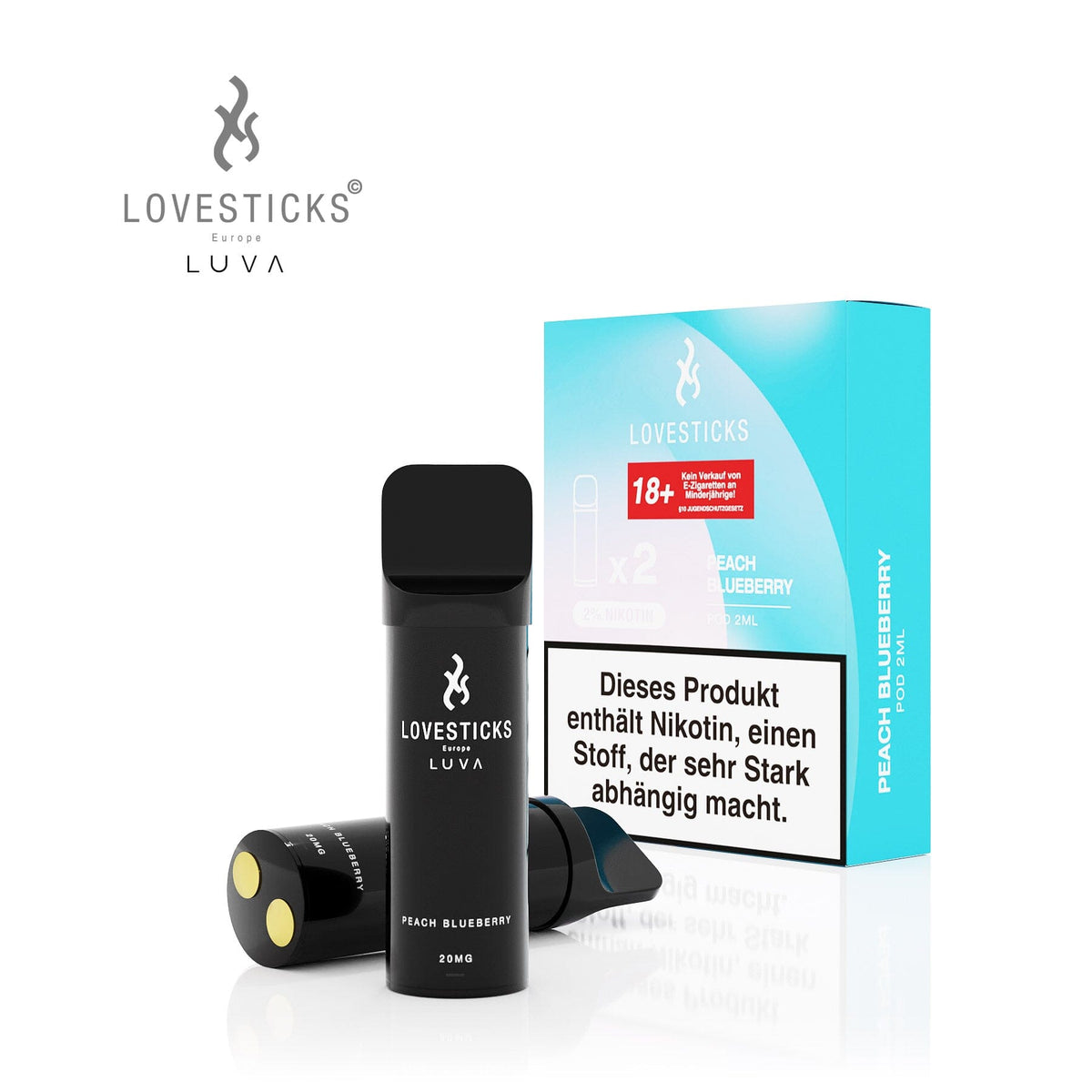 LUVA Pod Peach Blueberry, 2 vorbefüllte Pods à 2 ml mit 20 mg/ml Nikotinsalz, Pods neben Verpackung