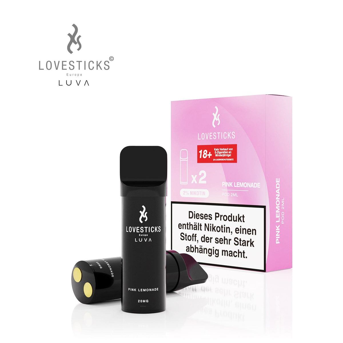 LUVA Pod Pink Lemonade, 2 vorbefüllte Pods à 2 ml mit 20 mg/ml Nikotinsalz, Pods neben Verpackung