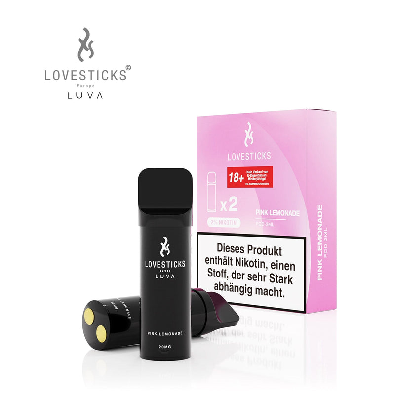 LUVA Pod Pink Lemonade, 2 vorbefüllte Pods à 2 ml mit 20 mg/ml Nikotinsalz, Pods neben Verpackung